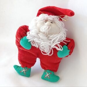 Vintage Festive Santa Claus Plush Christmas Ornament - Red and Green Hand Made